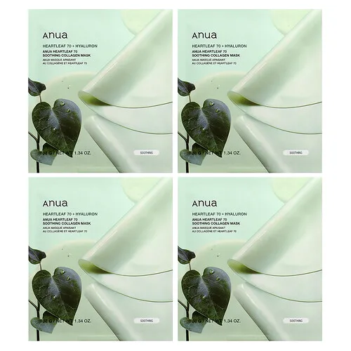 Anua, Heartleaf 70, Mascarilla calmante de belleza con colágeno, 4 láminas, 38 g (1,34 oz) cada una