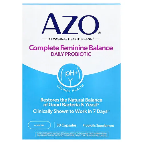 AZO, Complete Feminine Balance, Probiótico diario para lograr el equilibrio femenino completo, 5000 millones de cultivos activos, 30 cápsulas de una ingesta diaria