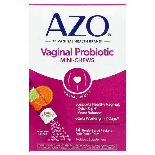 AZO, Mini comprimidos masticables probióticos por vía vaginal, Ponche de frutas, 14 sobres con porción individual, 1,4 g (0,049 oz) cada uno