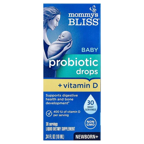 Mommy's Bliss, Gotas probióticas para bebés con vitamina D, Recién nacido+, 10 ml (0,34 oz. líq.)