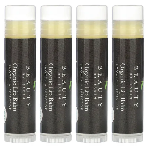 Beauty By Earth, Bálsamo labial con cera de abeja orgánica, Menta, 4 tubos, 0,15 oz cada uno