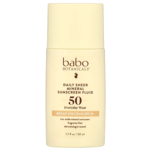 Babo Botanicals, Protector solar mineral fluido diario 50, Sin fragancia, 50 ml (1,7 oz. Líq.)