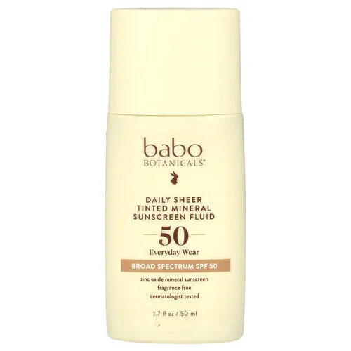 Babo Botanicals, Protector solar mineral translúcido, fluido y con color de uso diario, FPS 50, Sin fragancia, 50 ml (1,7 oz. líq.)