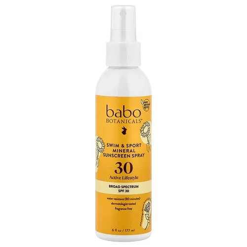 Babo Botanicals, Swim & Sport, Protector solar mineral en spray, FPS 30, 177 ml (6 oz. Líq.)