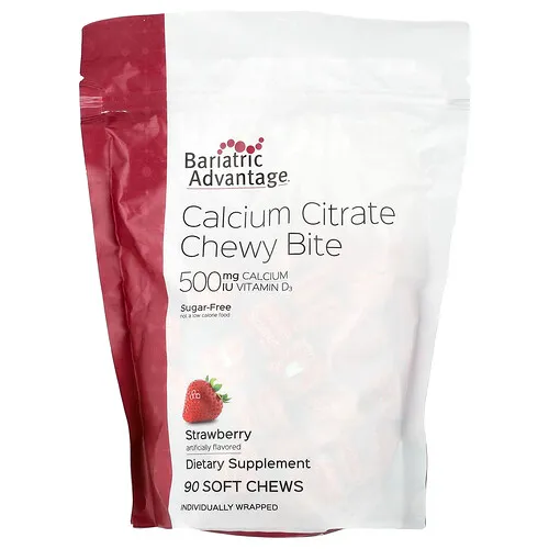 Bariatric Advantage, Bocaditos masticables de citrato de calcio, Sin azúcar, Fresa, 90 bocadillos masticables blandos