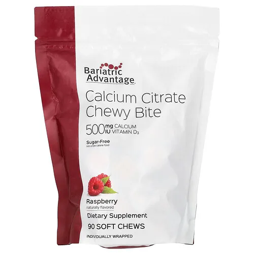 Bariatric Advantage, Bocaditos masticables de citrato de calcio, Sin azúcar, Frambuesa, 90 bocadillos masticables blandos