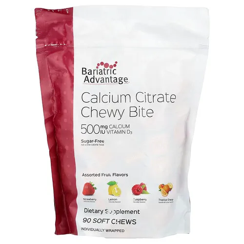Bariatric Advantage, Bocaditos masticables de citrato de calcio, Sin azúcar, Frutas surtidas, 90 bocadillos masticables blandos