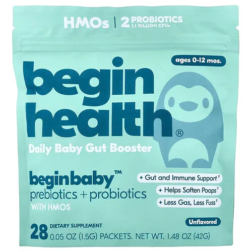 Begin Health, Beginbaby™, Prebióticos y probióticos para bebés, De 0 a 12 meses, Sin sabor, 28 sobres, 1,5 g (0,05 oz) cada uno