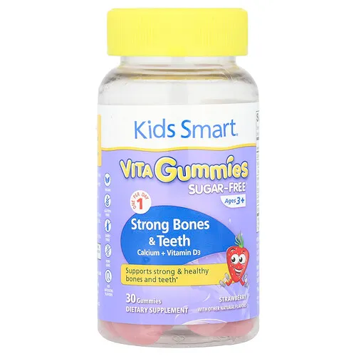 Kids Smart, Kids Smart®, Gomitas Vita, Huesos y dientes fuertes, Calcio y vitamina D3, Para niños de 3 años en adelante, Fresa, 30 gomitas