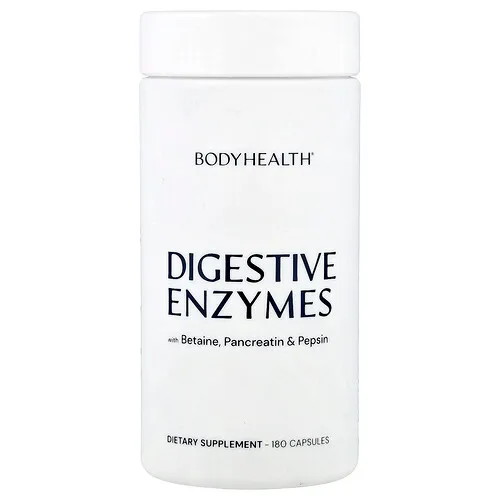 BodyHealth, Enzimas digestivas con betaína, pancreatina y pepsina, 180 cápsulas
