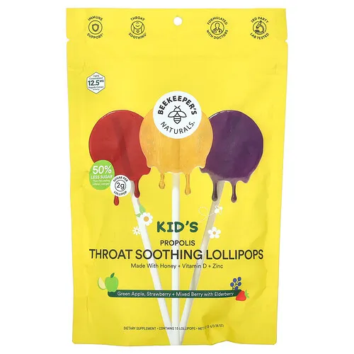 Beekeeper's Naturals, Paletas de propóleo con efecto calmante para la garganta para niños, Manzana verde, fresa y bayas mixtas con saúco, 15 paletas