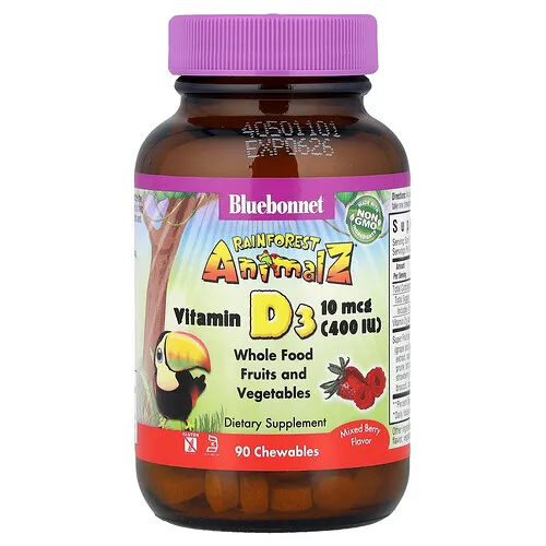 Bluebonnet Nutrition, Rainforest Animalz, Vitamina D3, Sabor natural a bayas mixtas, 400 UI, 90 comprimidos masticables