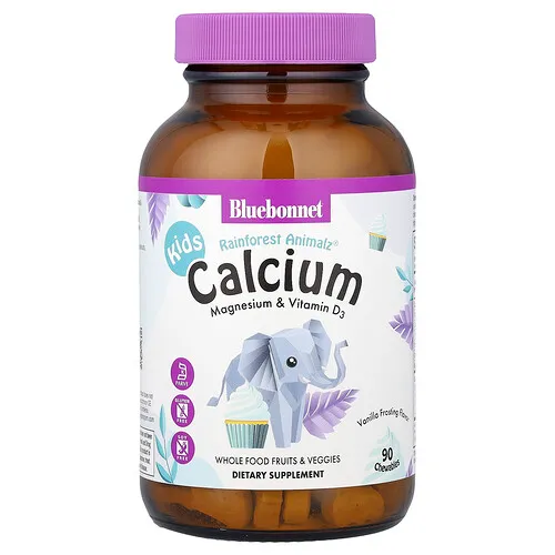 Bluebonnet Nutrition, Niños, Rainforest Animalz®, Calcio, magnesio y vitamina D3, Glaseado de vainilla, 90 comprimidos masticables