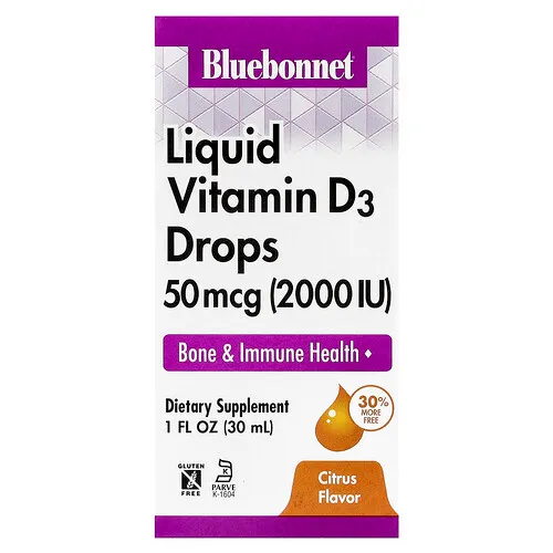 Bluebonnet Nutrition, Gotas de vitamina D3 líquida, sabor cítrico natural, 2.000 UI, 1 oz fluida (30 ml)