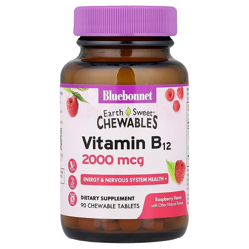 Bluebonnet Nutrition, Earth Sweet®, Comprimidos masticables para niños, Vitamina B12, Frambuesa, 2000 mcg, 90 comprimidos masticables
