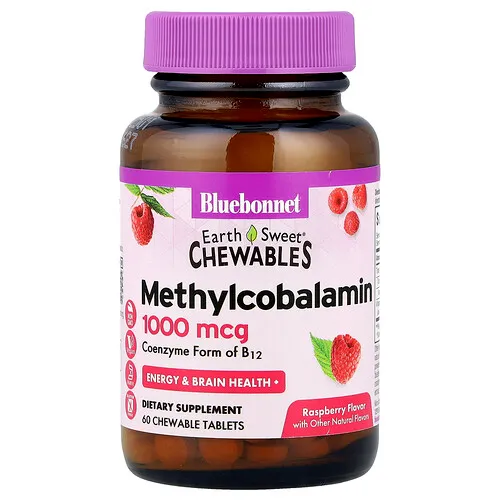 Bluebonnet Nutrition, Comprimidos masticables EarthSweet, Metilcobalamina, Sabor natural a frambuesa, 1000 mcg, 60 comprimidos masticables