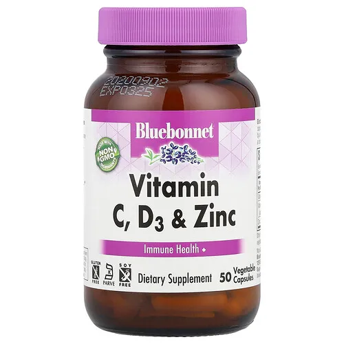 Bluebonnet Nutrition, Vitamina C, D3 y zinc, 50 cápsulas vegetales