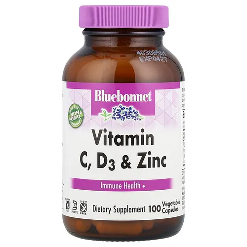 Bluebonnet Nutrition, Vitamina C, D3 y zinc, 100 cápsulas vegetales