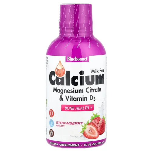 Bluebonnet Nutrition, Calcio líquido, citrato de magnesio más vitamina D3, con sabor natural a frutilla, 16 fl oz (472 ml)