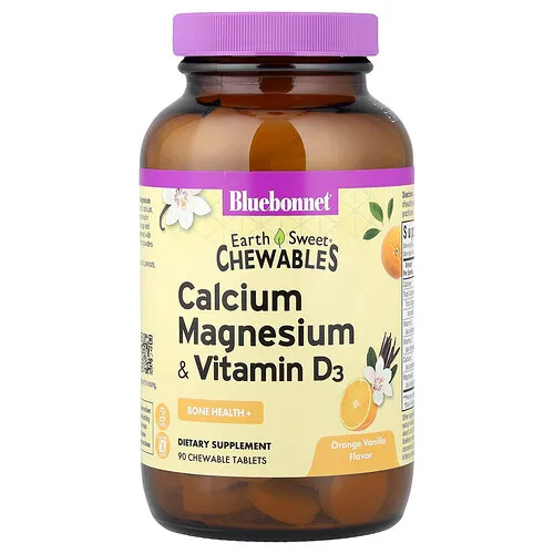 Bluebonnet Nutrition, EarthSweet®, Comprimidos masticables, Calcio, magnesio y vitamina D3, Naranja y vainilla, 90 comprimidos masticables