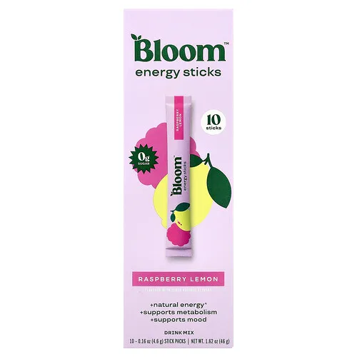 Bloom, Barritas energéticas, Frambuesa y limón, 10 sobrecitos, 4,6 g (0,16 oz) cada uno
