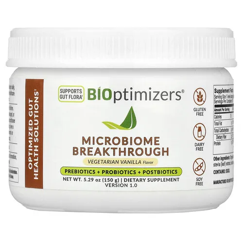 BIOptimizers, Microbiome Breakthrough, Suplemento con prebióticos, probióticos y posbióticos, Vainilla vegetariana, 150 g (5,29 oz)