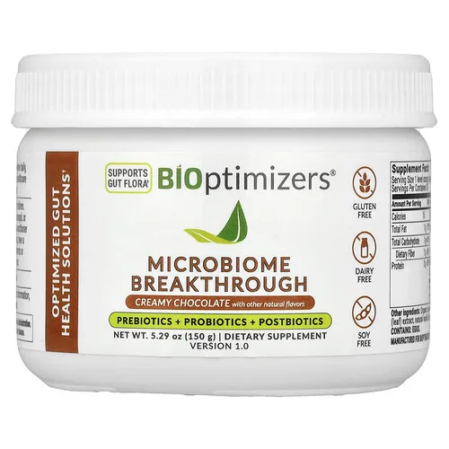 BIOptimizers, Microbiome Breakthrough, Suplemento con prebióticos, probióticos y posbióticos, Chocolate cremoso, 150 g (5,29 oz)