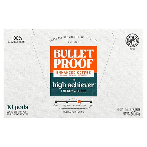 BulletProof, Cápsulas de café High Achiever™, Tostado oscuro medio, 10 cápsulas, 13 g (0,46 oz) cada una