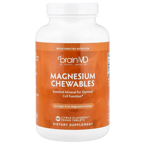 BrainMD, Magnesio en comprimidos masticables, Cítrico, 60 comprimidos veganos (150 mg por comprimido)