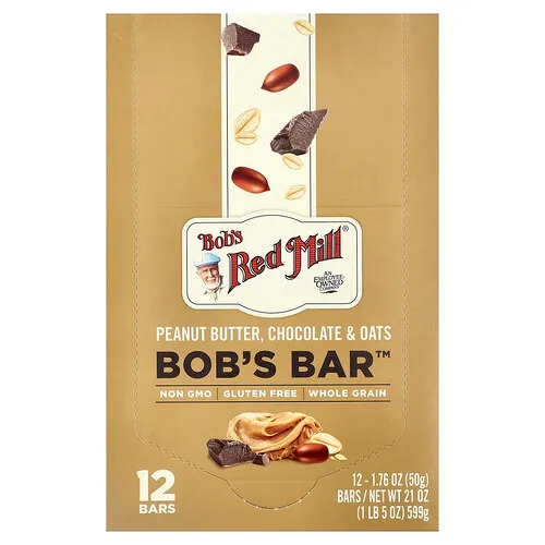 Bob's Red Mill, Bob's Bar™, Mantequilla de maní, chocolate y avena, 12 barritas, 50 g (1,76 oz) cada una