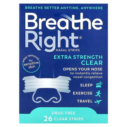 Breathe Right, Tiras nasales, Transparentes, Para piel sensible, 26 tiras transparentes