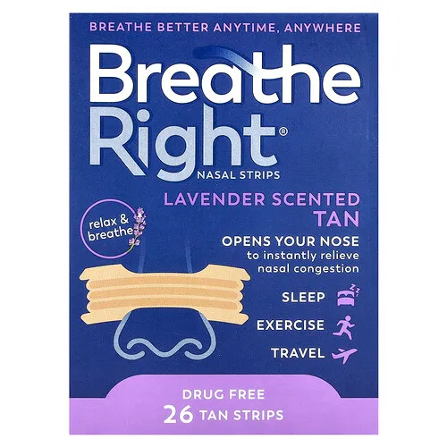 Breathe Right, Tiras nasales, Lavanda, 26 tiras de color tostado