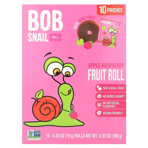 Bob Snail, Rollitos de frutas, Manzana y frambuesa, 10 bolsas, 10 g (0,35 oz) cada una