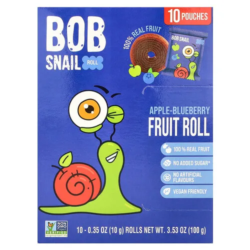 Bob Snail, Rollitos de frutas, Manzana y arándano azul, 10 rollos, 10 g (0,35 oz) cada uno
