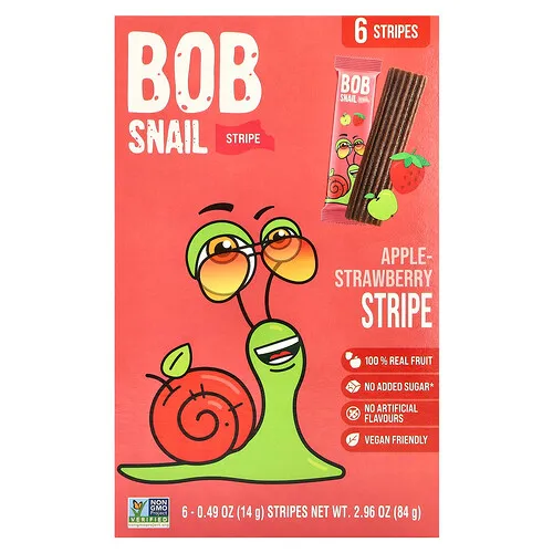 Bob Snail, Fruit Stripe, Manzana y fresa, 6 tiras, 14 g (0,49 oz) cada una
