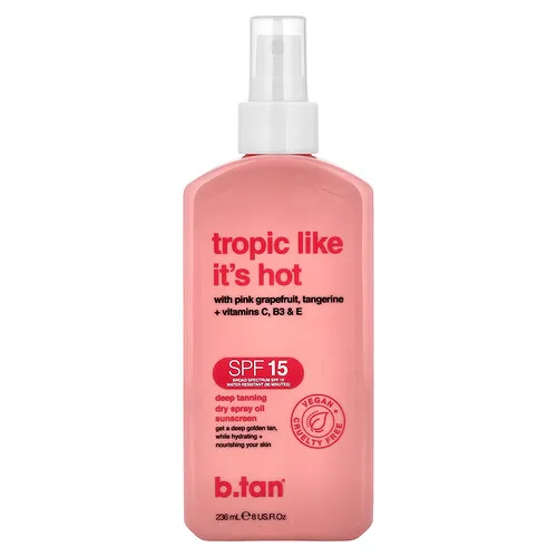 b.tan, Tropic Like It's Hot, Protector solar seco con aceite en spray para bronceado profundo, FPS 15`` 236 ml (8 oz. Líq.)