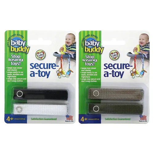Baby Buddy, Secure-A-Toy, 4 meses en adelante, Negro/blanco y tostado/oliva, 4 tiras
