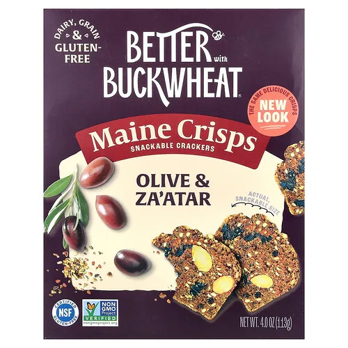 Better with Buckwheat, Maine Crisps, Galletas aptas para preparar bocadillos, Oliva y za'atar, 113 g (4 oz)
