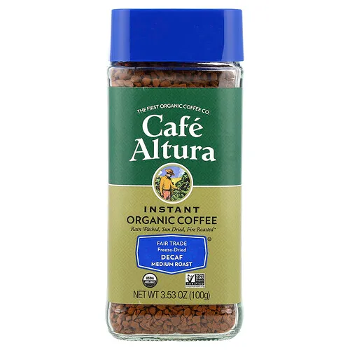 Cafe Altura, Café orgánico instantáneo, Tostado medio, liofilizado, descafeinado, 100 g (3,53 oz)