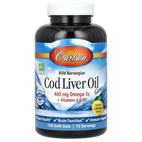 Carlson, Aceite de hígado de bacalao noruego salvaje, Gemas de aceite de hígado de bacalao, Limón natural, 460 mg, 150 cápsulas blandas (230 mg por cada cápsula blanda)