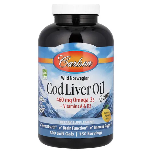 Carlson, Aceite de hígado de bacalao noruego salvaje, Gemas de aceite de hígado de bacalao, Limón natural, 300 cápsulas blandas