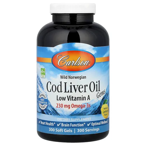 Carlson, Noruega salvaje, Aceite de hígado de bacalao en gemas, Bajo contenido de vitamina A, Limón natural, 300 cápsulas blandas