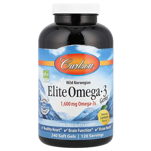 Carlson, Elite Omega-3 Gems, Suplemento de omega-3 selectos, Sabor natural a limón, 1600 mg, 240 cápsulas blandas (800 mg por cápsula blanda)