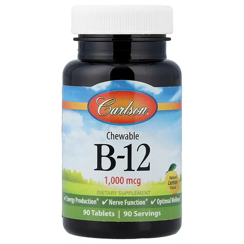 Carlson, Vitamina B12 masticable, Sabor natural a limón, 1000 mcg, 90 comprimidos