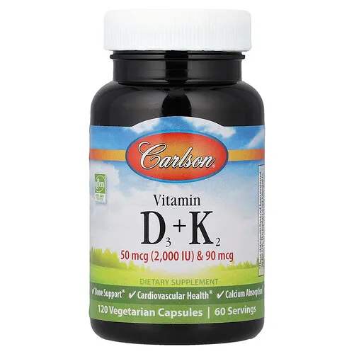 Carlson, Vitamina D3 + K2, 50 mcg (2000 UI) y 90 mcg, 120 cápsulas vegetales
