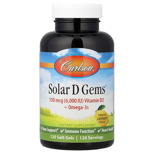 Carlson, Solar D Gems®, Vitamina D3 más omega-3, Limón natural, 120 cápsulas blandas