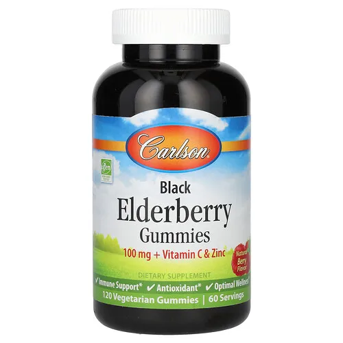 Carlson, Gomitas de saúco negro con vitamina C y zinc, Baya natural, 100 mg, 120 gomitas vegetales (50 mg por gomita)