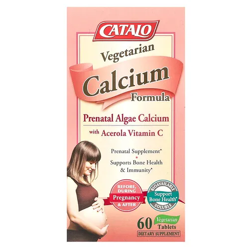 CATALO, Vegetarian Calcium Formula, Calcio prenatal de algas con acerola y vitamina C, 60 comprimidos vegetales