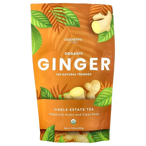 Cederberg Tea Co, Single Estate Tea, Jengibre orgánico, Sin cafeína, 100 bolsitas de té natural, 200 g (7,05 oz)