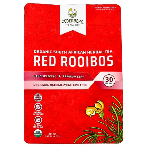 Cederberg Tea Co, Té de hierbas orgánico sudafricano, Rooibos rojo, Sin cafeína, 30 bolsitas de té, 75 g (2,6 oz)